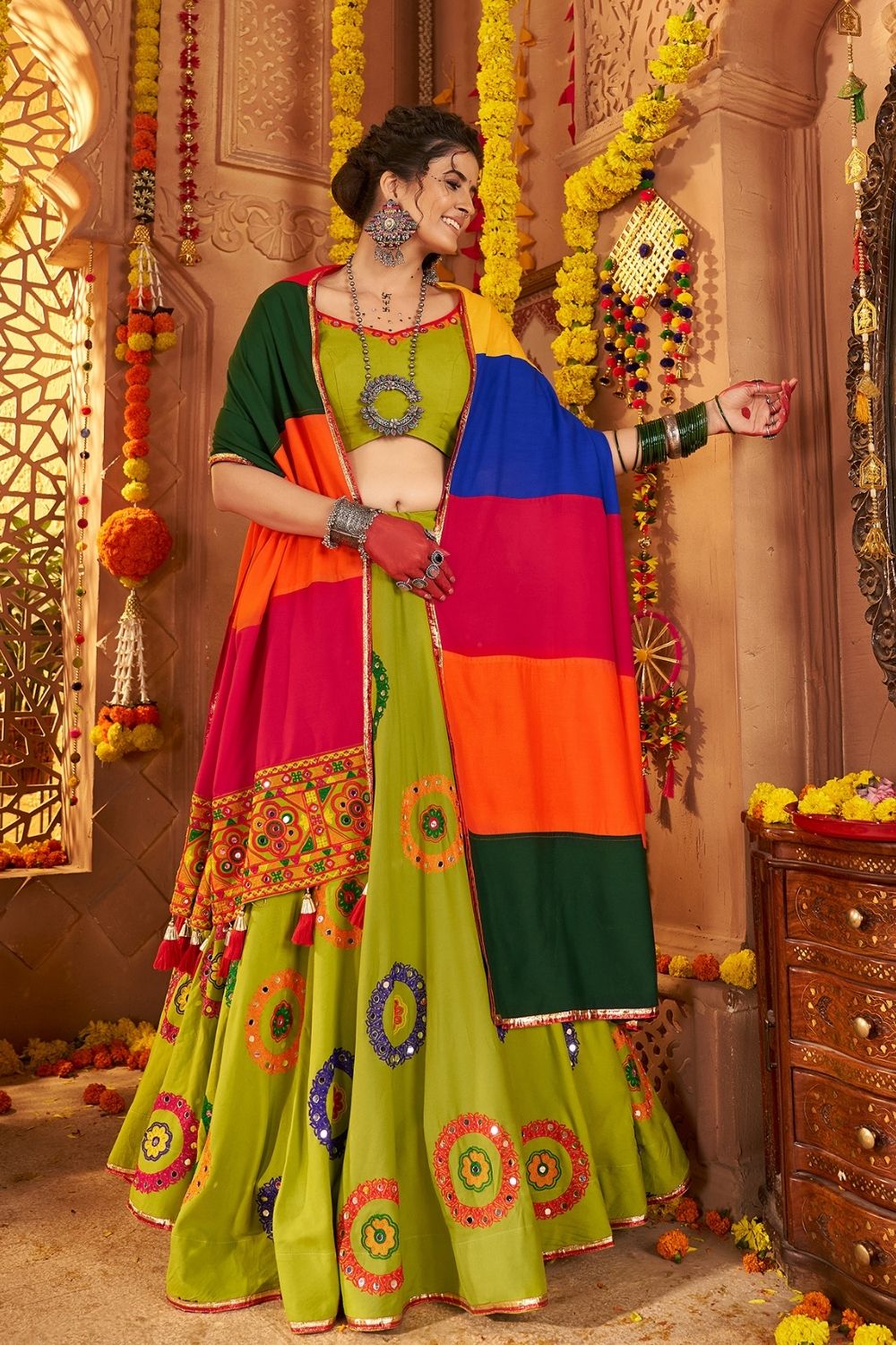 Green Viscose Cotton Navratri Lehenga Choli With Thread Embroidered And All Over Mirror