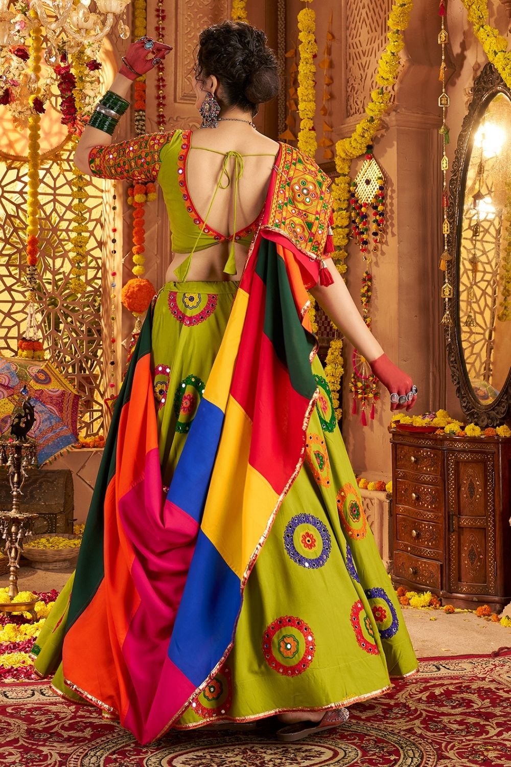 Green Viscose Cotton Navratri Lehenga Choli With Thread Embroidered And All Over Mirror