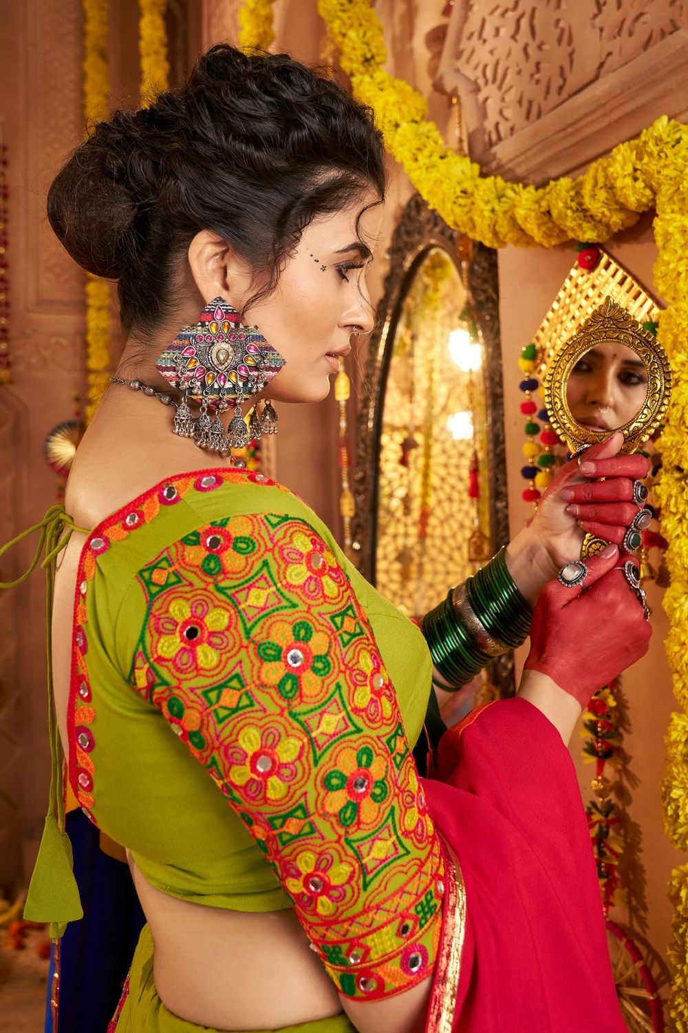 Green Viscose Cotton Navratri Lehenga Choli With Thread Embroidered And All Over Mirror