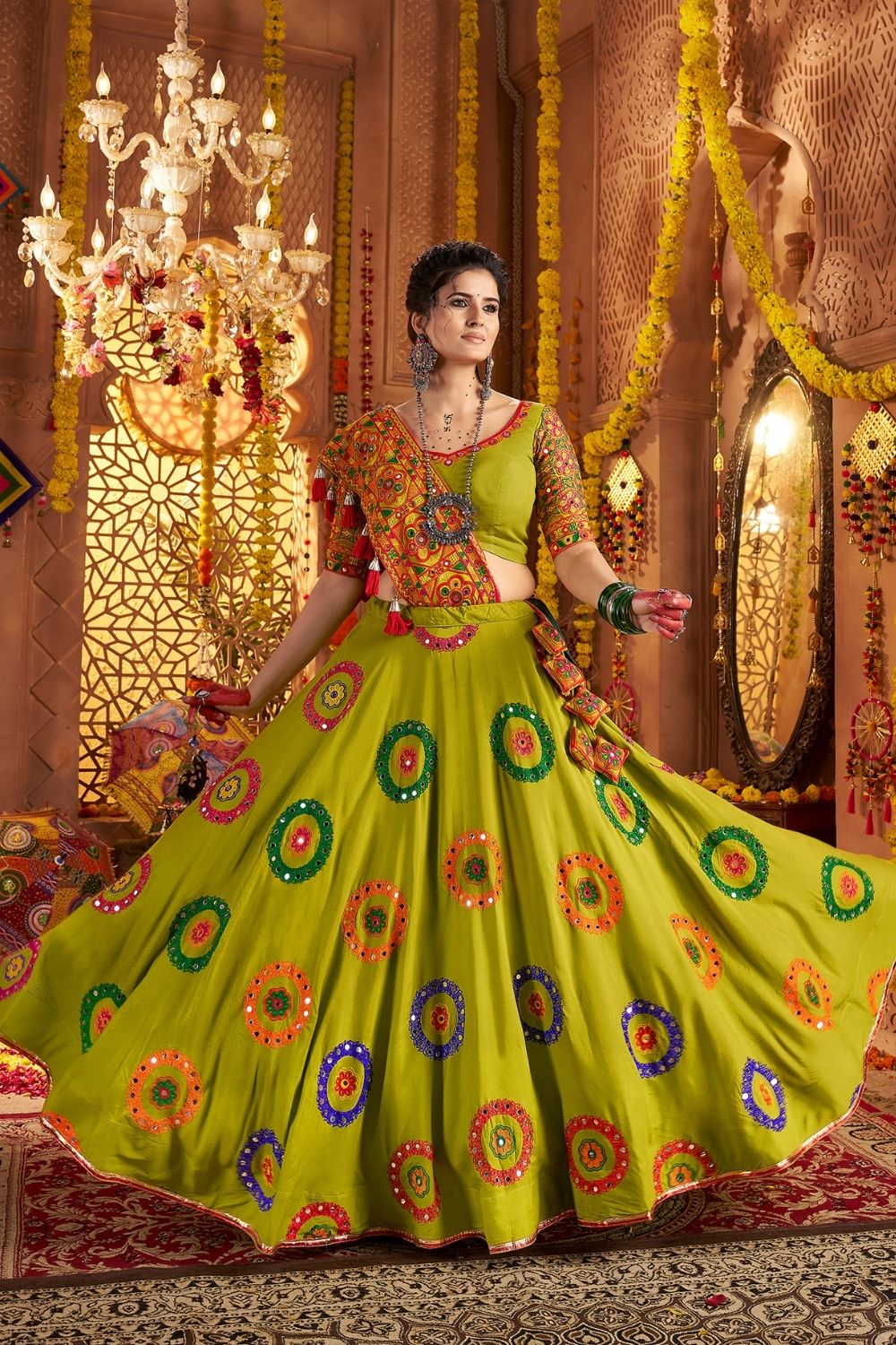 Green Viscose Cotton Navratri Lehenga Choli With Thread Embroidered And All Over Mirror