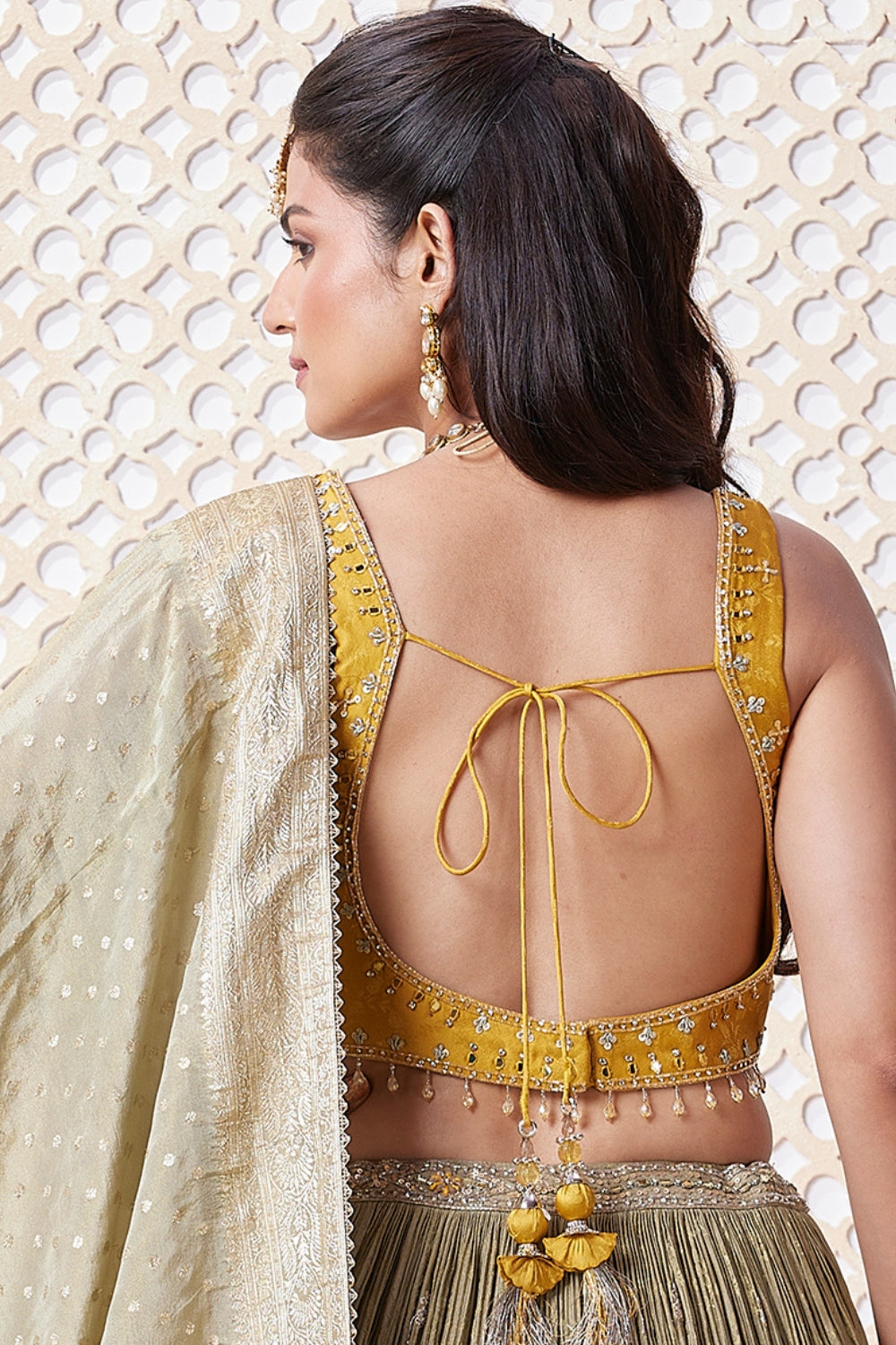 Green and Yellow Chinon Lehenga Set with Sequins and Embroidery Work