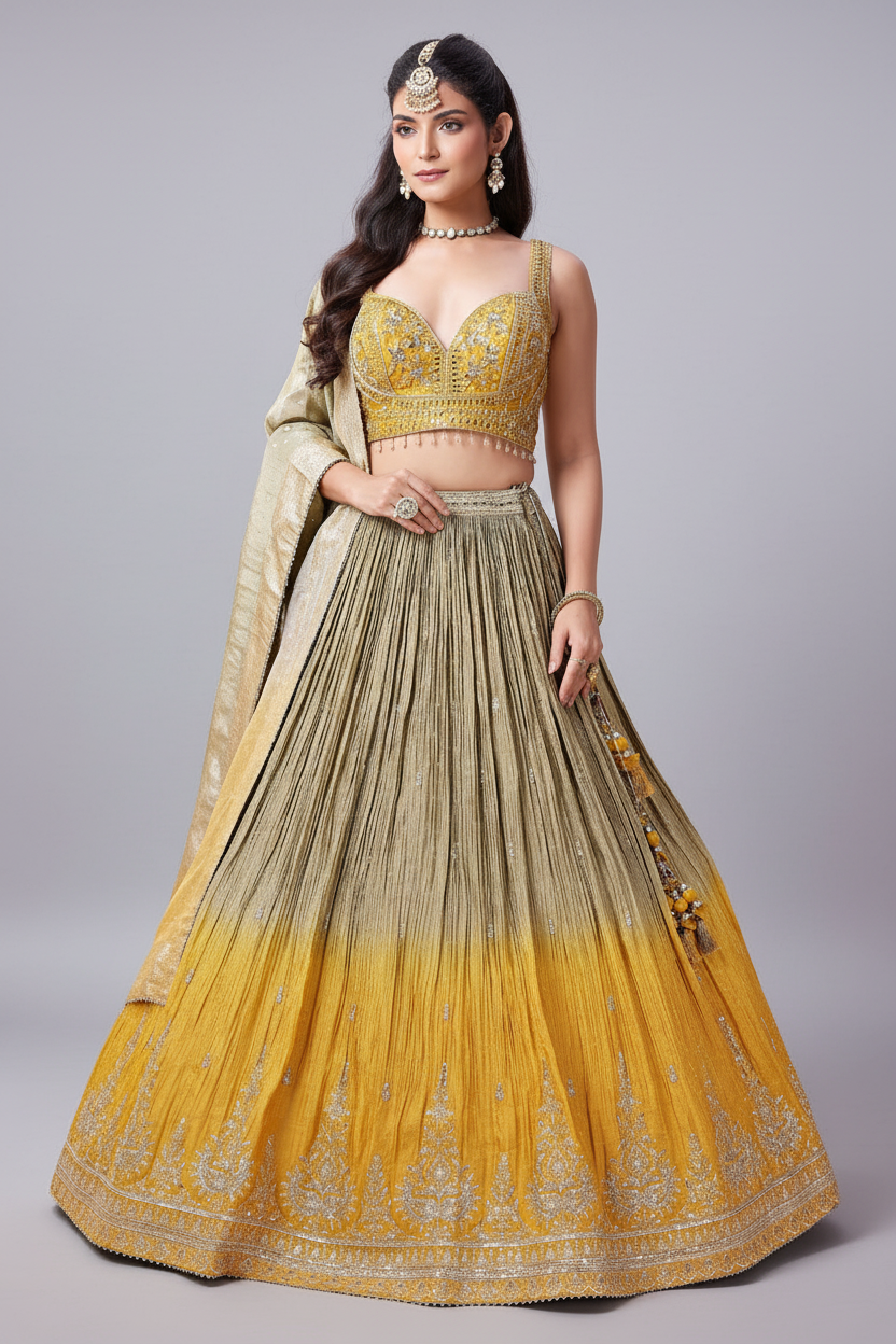 Green and Yellow Chinon Lehenga Set with Sequins and Embroidery Work