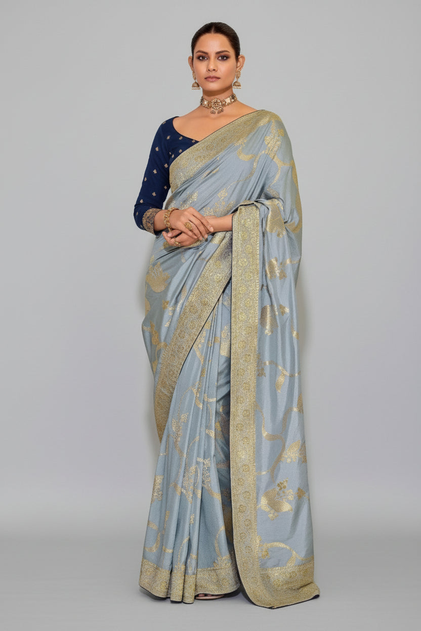 Grey Banarasi Weaving Silk Saree