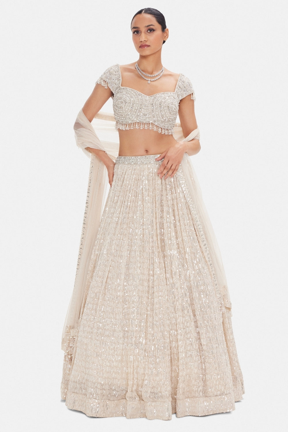 Grey Georgette Lehenga Set with Sequins and Moti Work