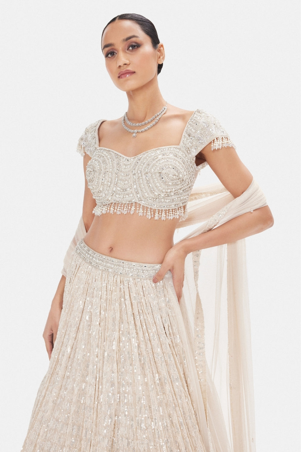 Grey Georgette Lehenga Set with Sequins and Moti Work