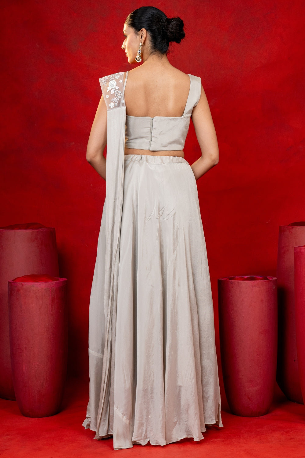 Grey Georgette Pre-Draped Saree with Sequins and Resham Embroidery