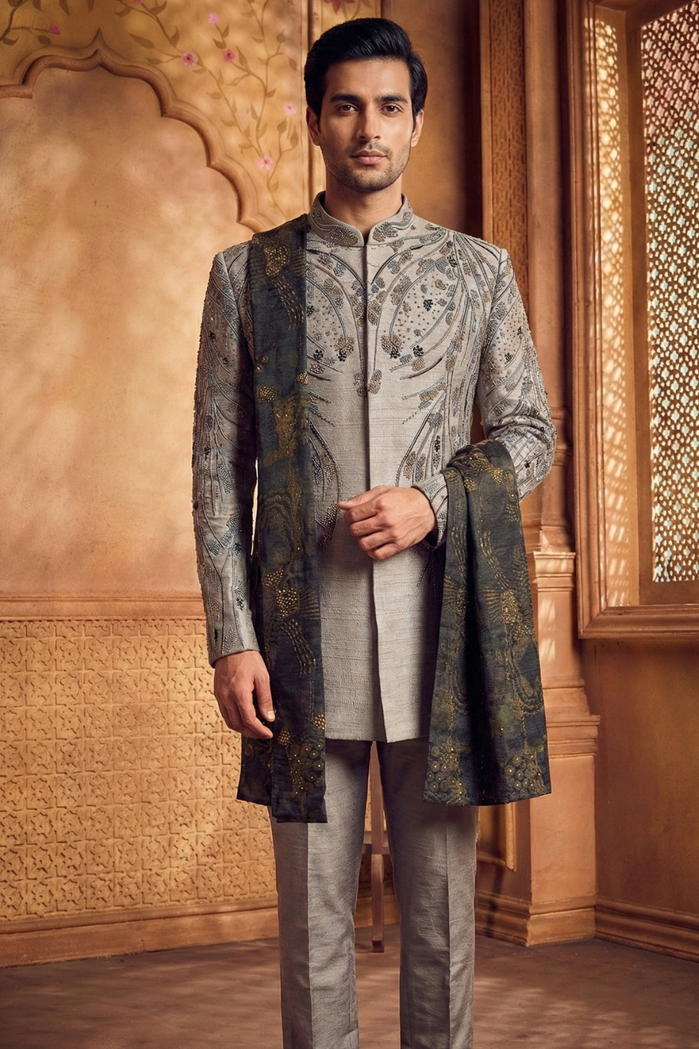Grey Silk Indo Western with Cutdana and Moti Work