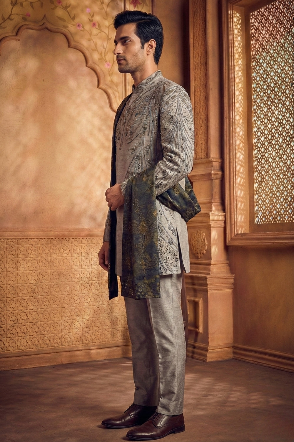 Grey Silk Indo Western with Cutdana and Moti Work