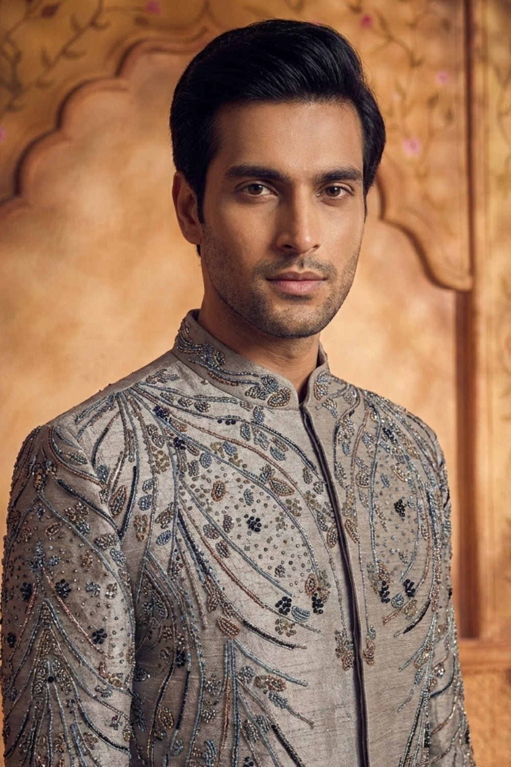 Grey Silk Indo Western with Cutdana and Moti Work