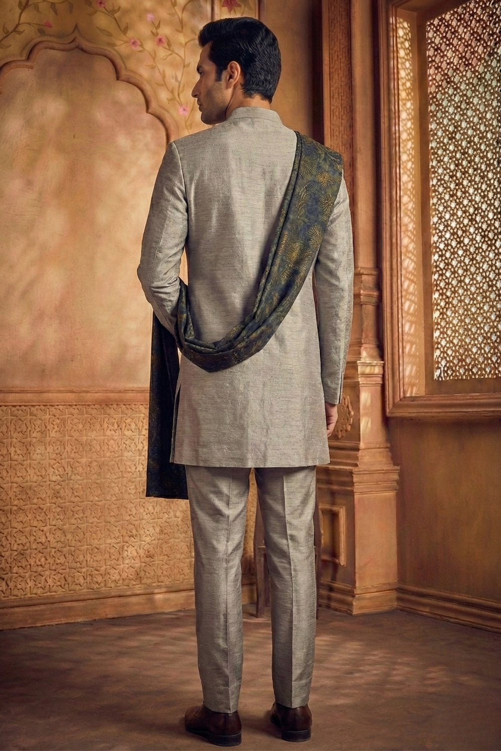 Grey Silk Indo Western with Cutdana and Moti Work