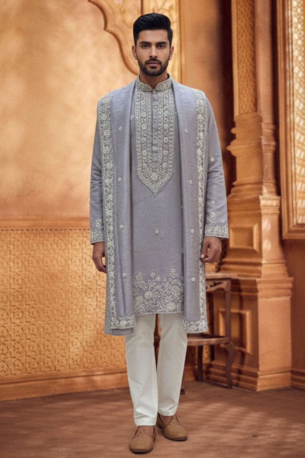 Grey Silk Kurta and Dupatta Set with Cutdana and Embroidery Work