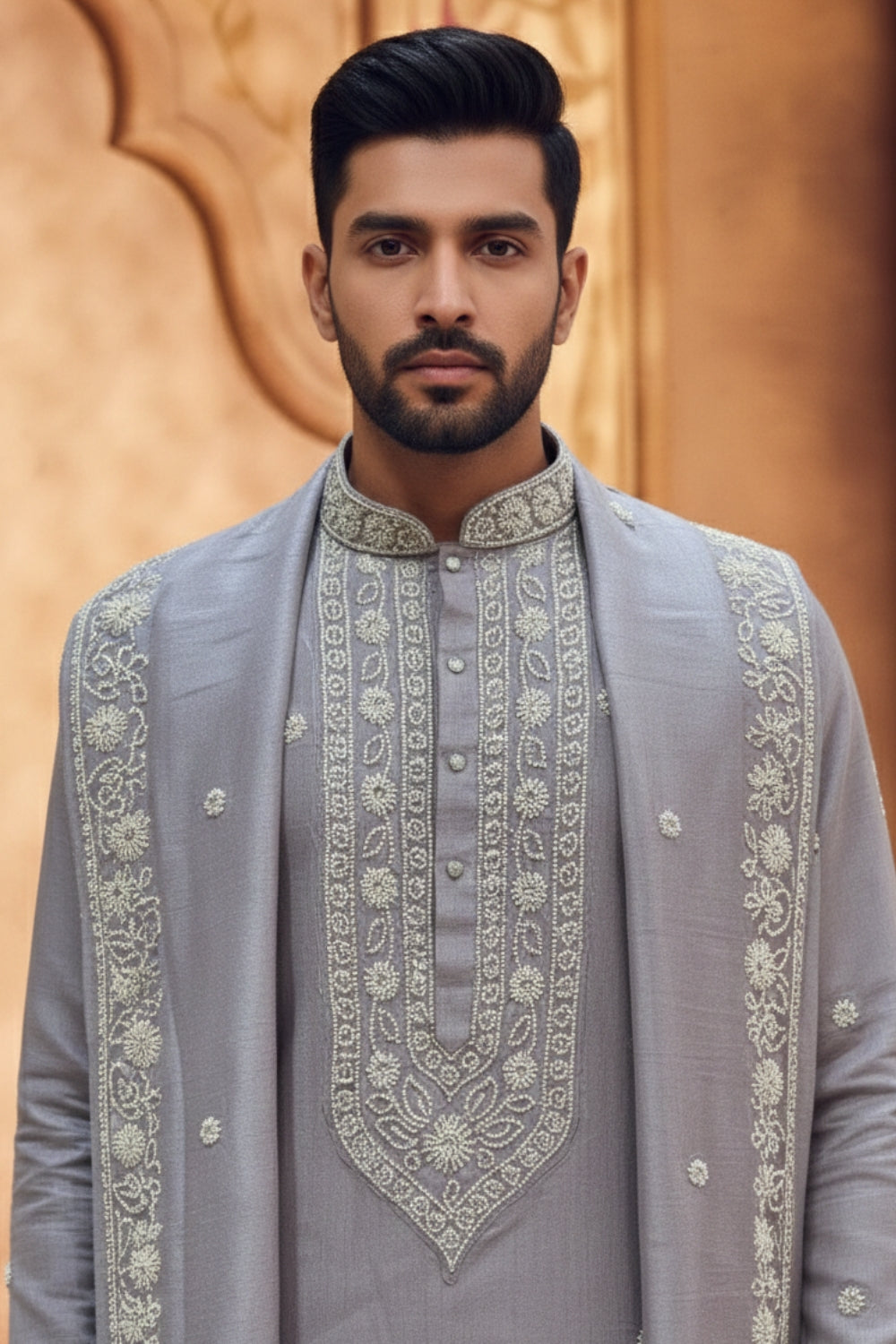 Grey Silk Kurta and Dupatta Set with Cutdana and Embroidery Work