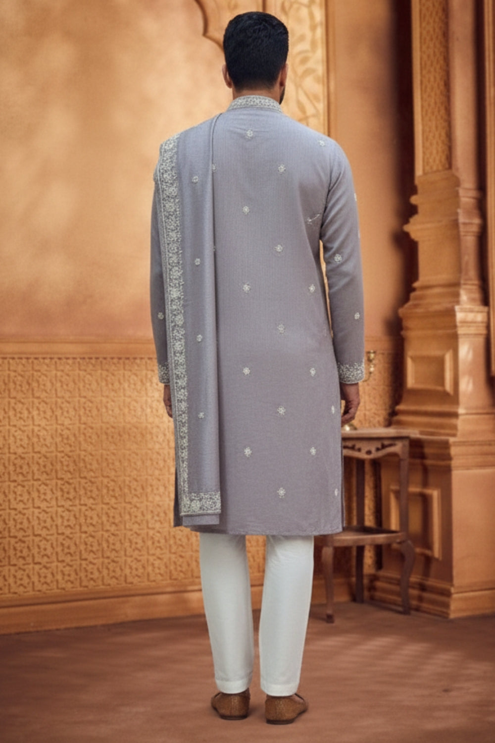 Grey Silk Kurta and Dupatta Set with Cutdana and Embroidery Work