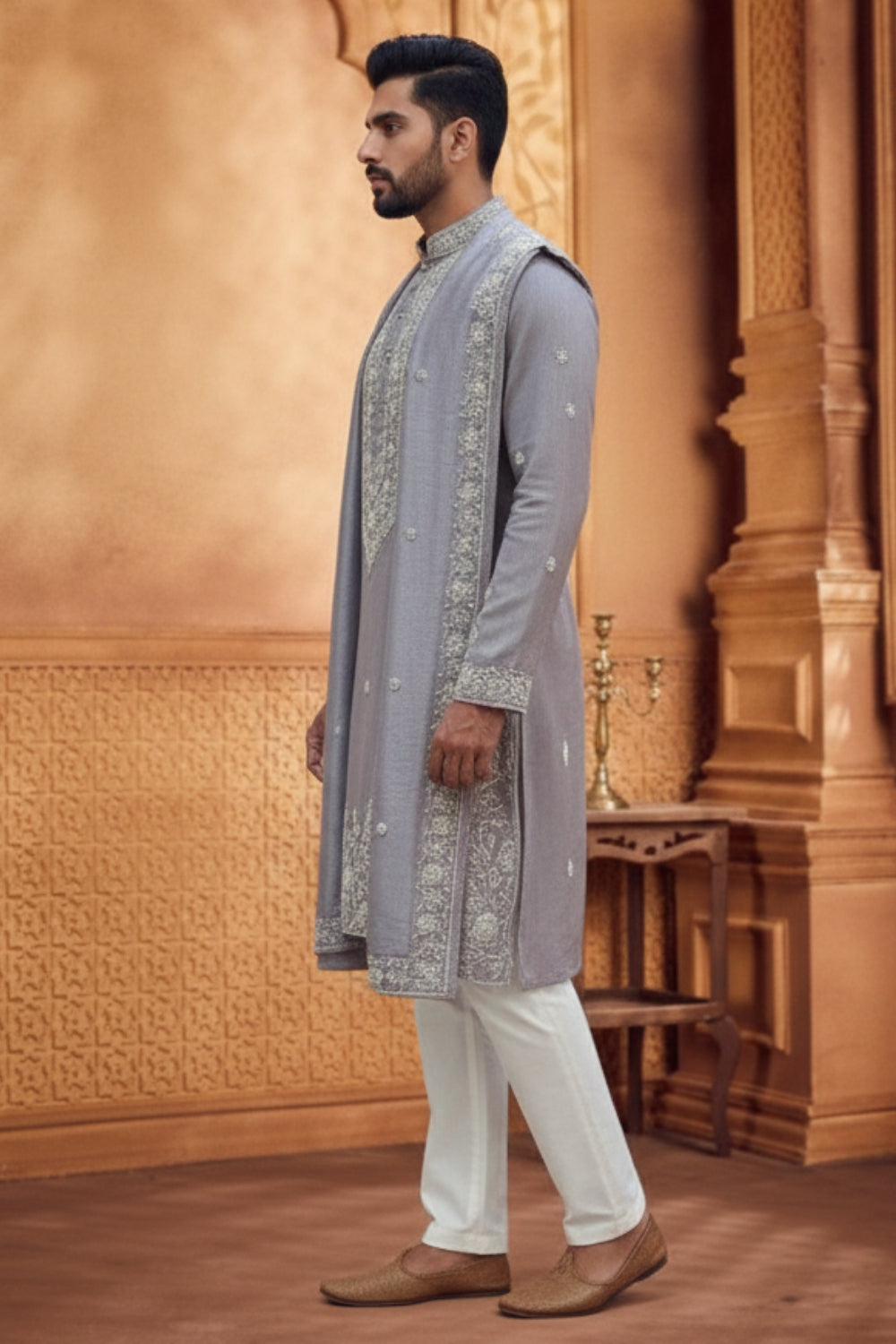 Grey Silk Kurta and Dupatta Set with Cutdana and Embroidery Work
