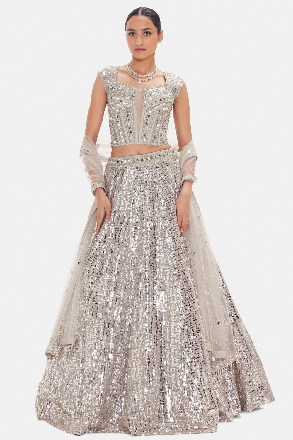 Grey Silk Lehenga Set with Cutdana and Moti Work