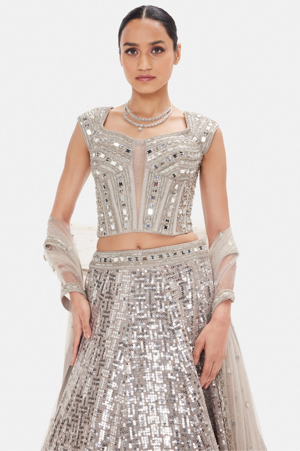 Grey Silk Lehenga Set with Cutdana and Moti Work