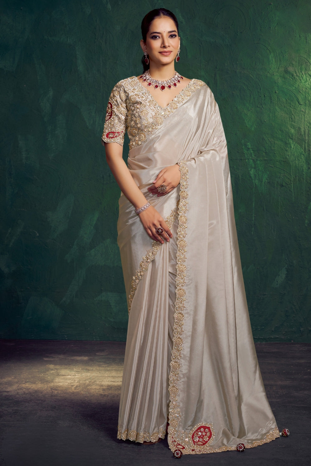 Grey Silk Saree with Beads and Zardosi Work