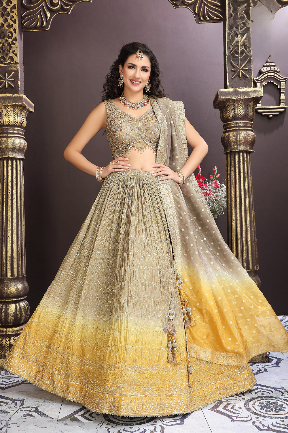 Grey & Yellow Georgette Lehenga Choli with Sequins and Stone Work