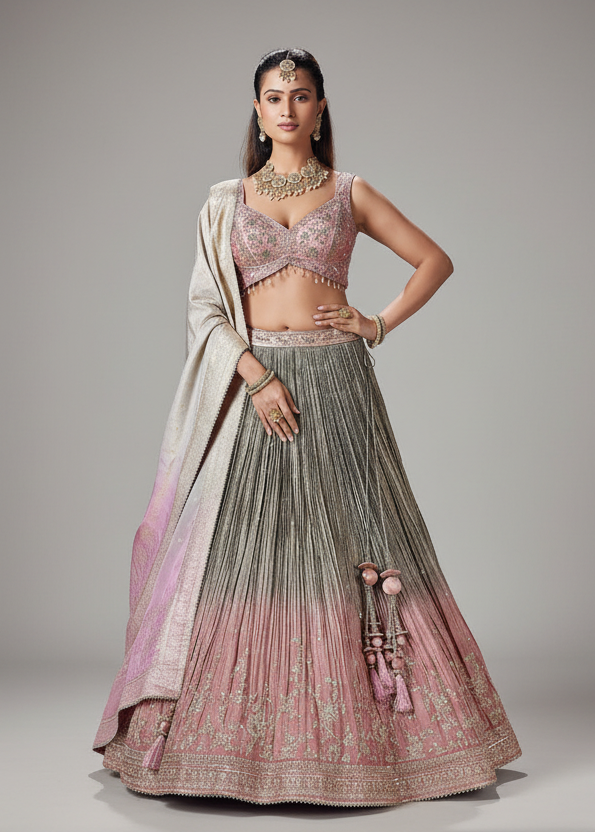 Grey and Pink Tissue Lehenga Set with Embroidery and Sequins Work