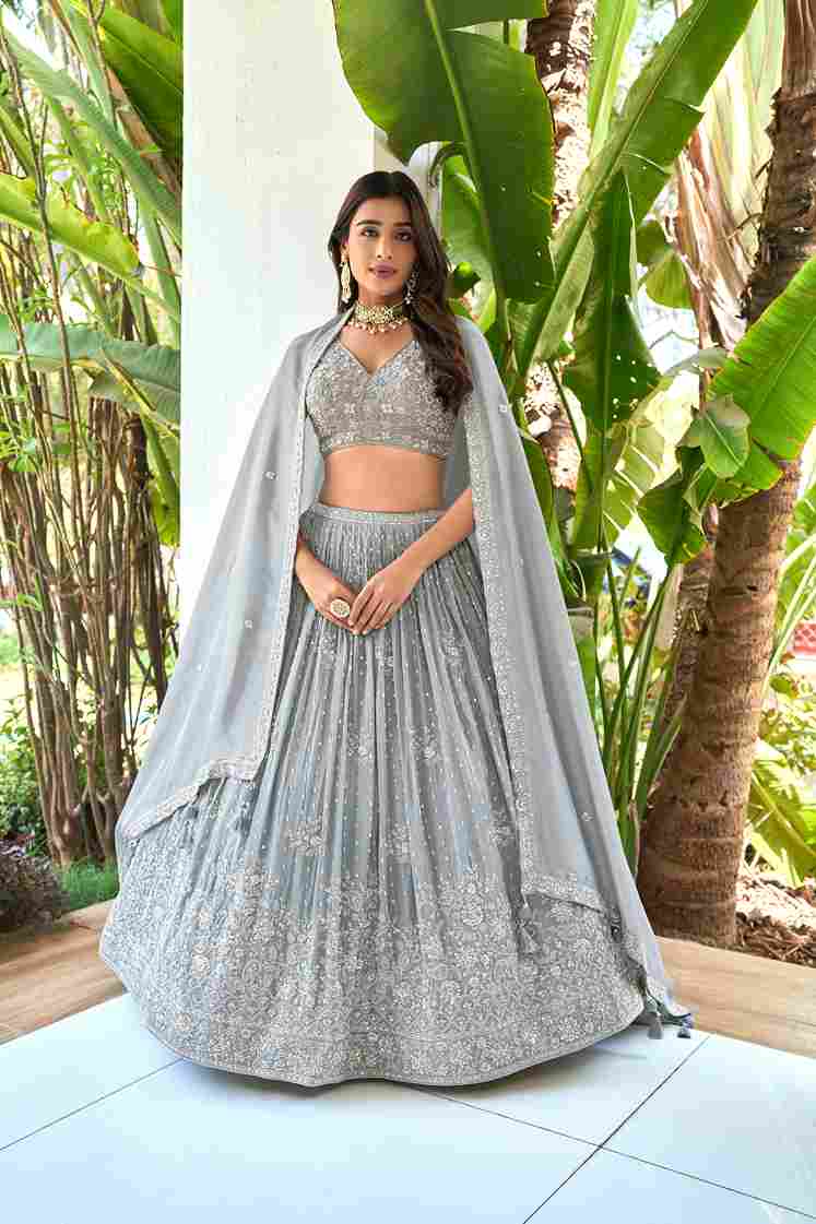 Light Grey Silk Lehenga Choli with V Neck and Hand Embroidery