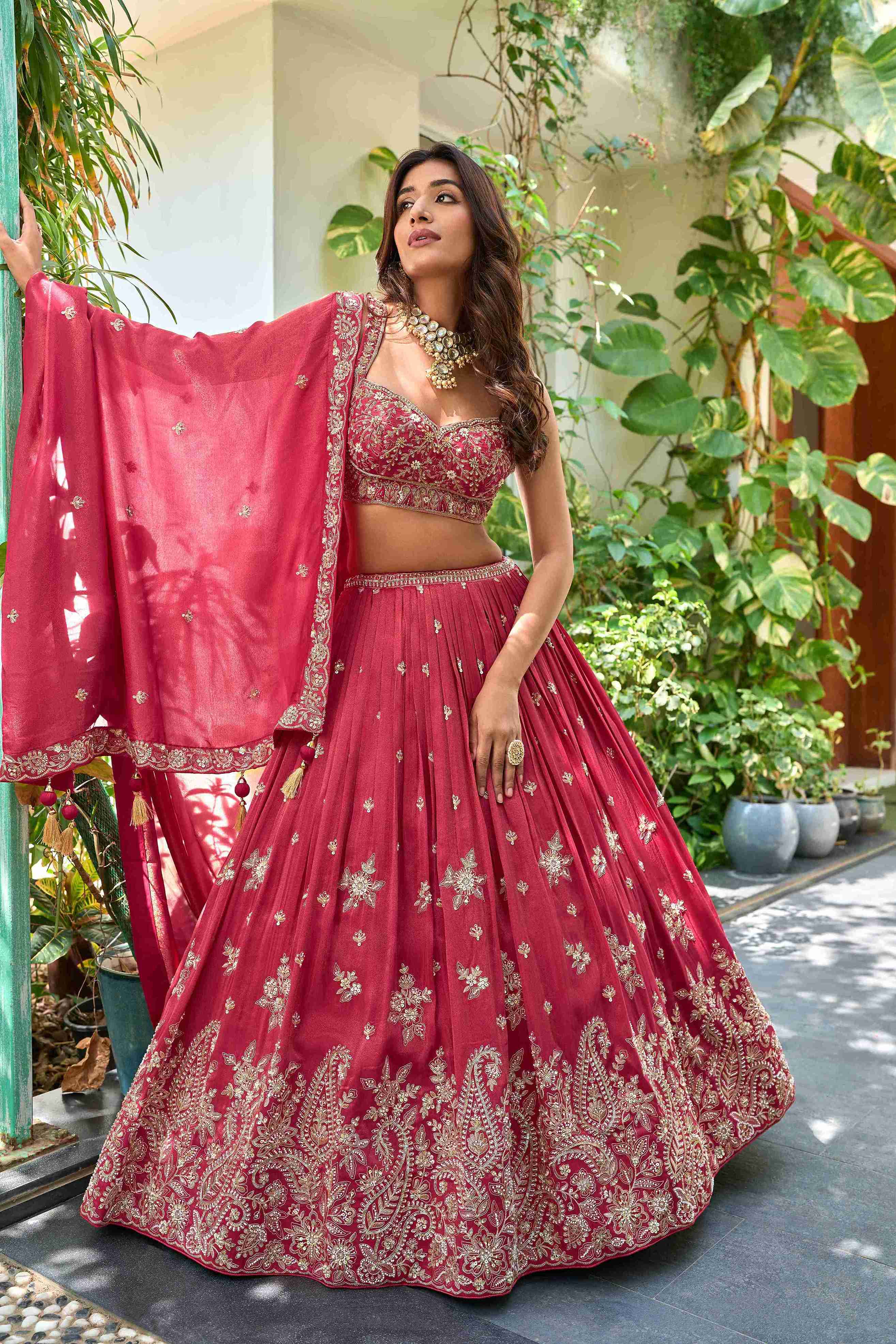 Cherry Silk Lehenga Choli with Deep Sweetheart Neck