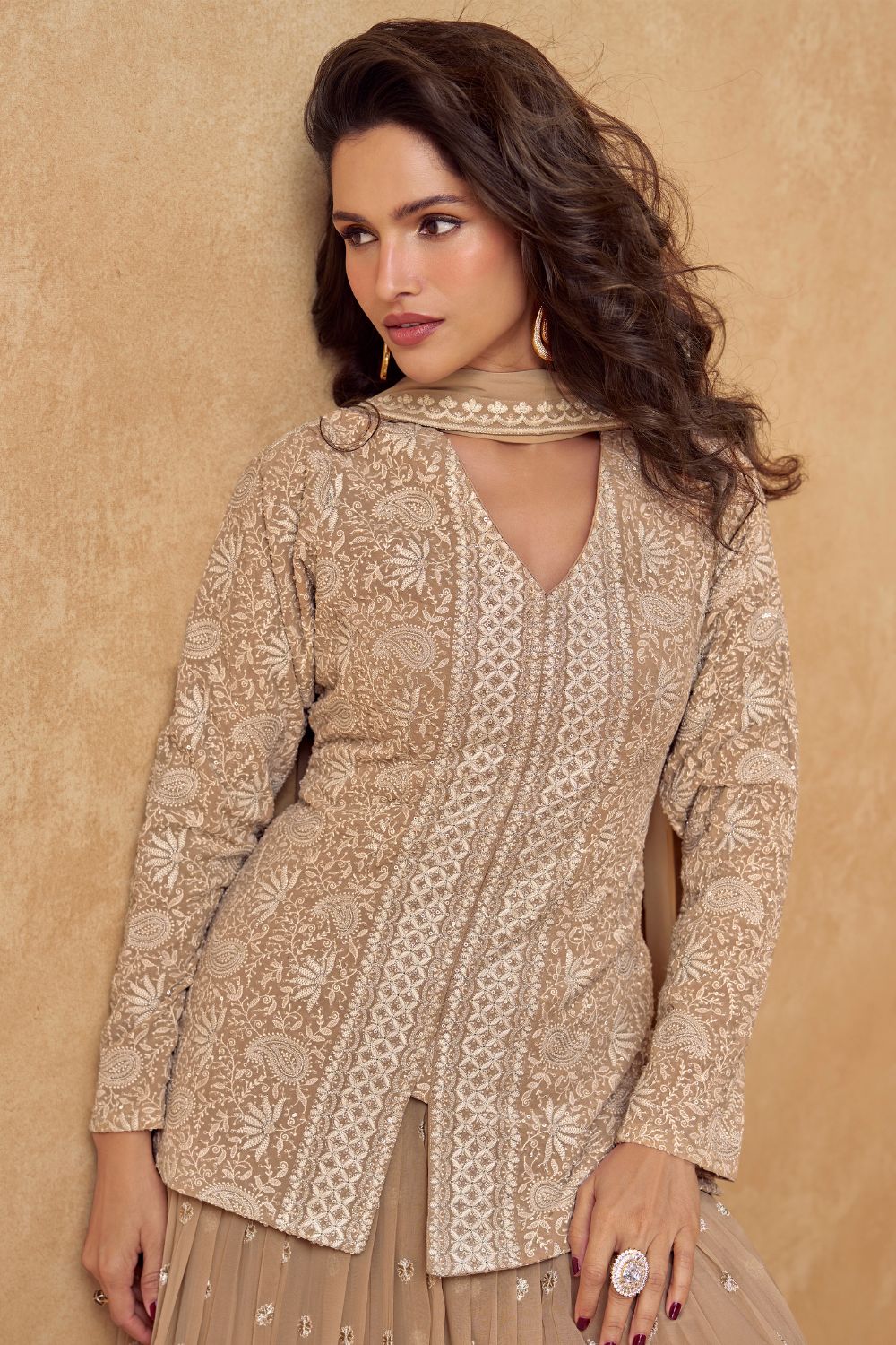 BROWN GEORGETTE INDO-WESTREN WITH EMBROIDERY AND SEQUINS