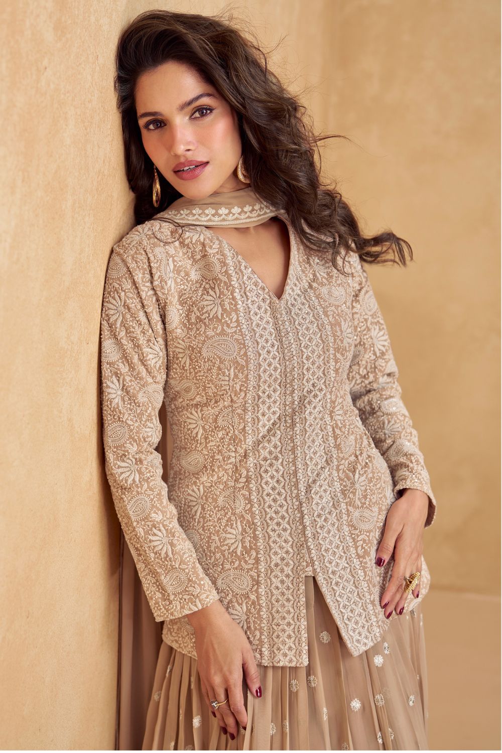 BROWN GEORGETTE INDO-WESTREN WITH EMBROIDERY AND SEQUINS