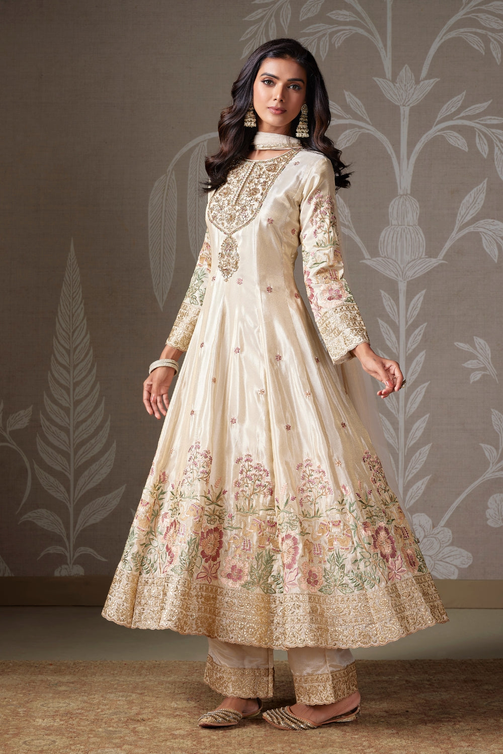 IVORY TISSUE SILK ANARKALI SUIT WITH CUTDANA AND GOTTA PATTI