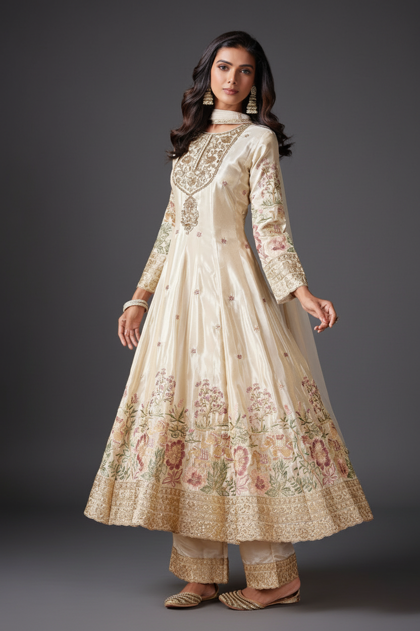 IVORY TISSUE SILK ANARKALI SUIT WITH CUTDANA AND GOTTA PATTI
