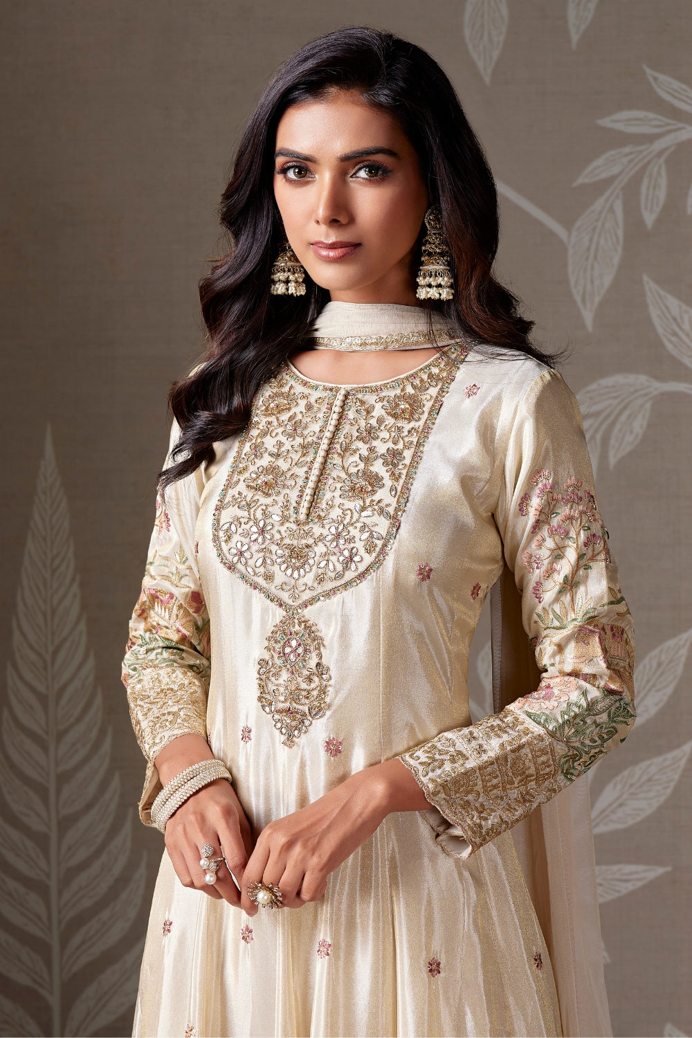 IVORY TISSUE SILK ANARKALI SUIT WITH CUTDANA AND GOTTA PATTI