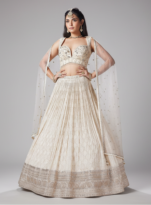 Ivory Chinon Lehenga Set with Sequins and Zari Work