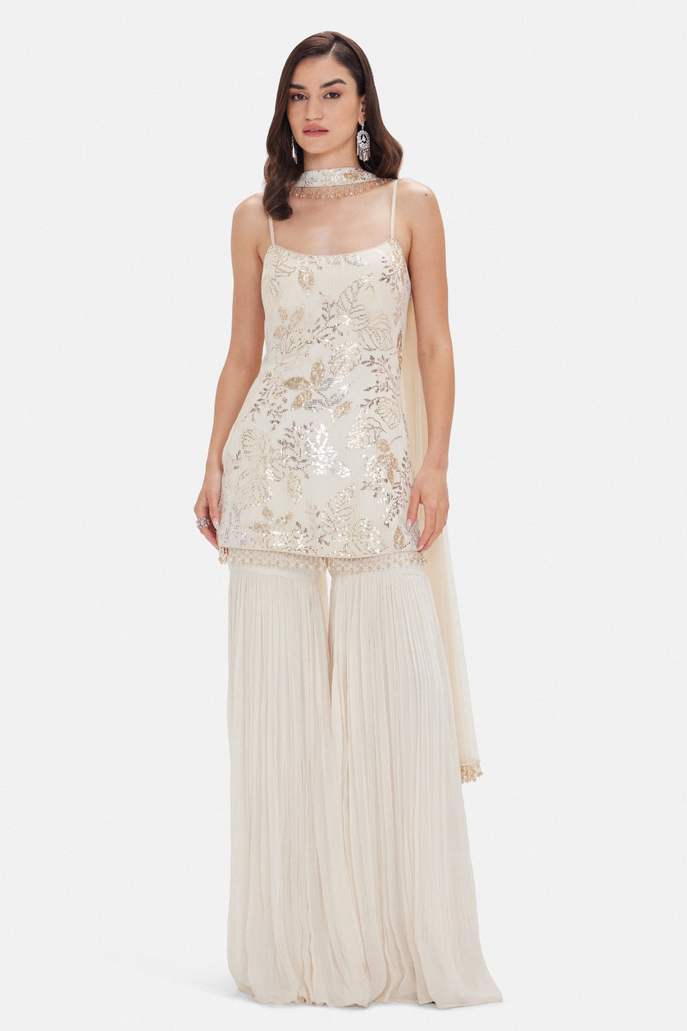 Ivory Georgette Sharara Set with Cutdana and Sequins Work