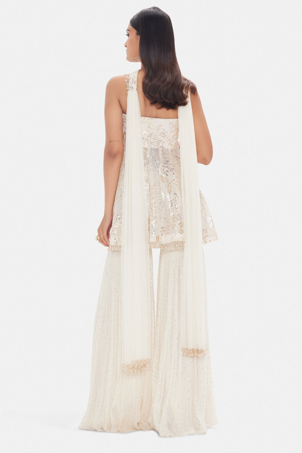 Ivory Georgette Sharara Set with Cutdana and Sequins Work