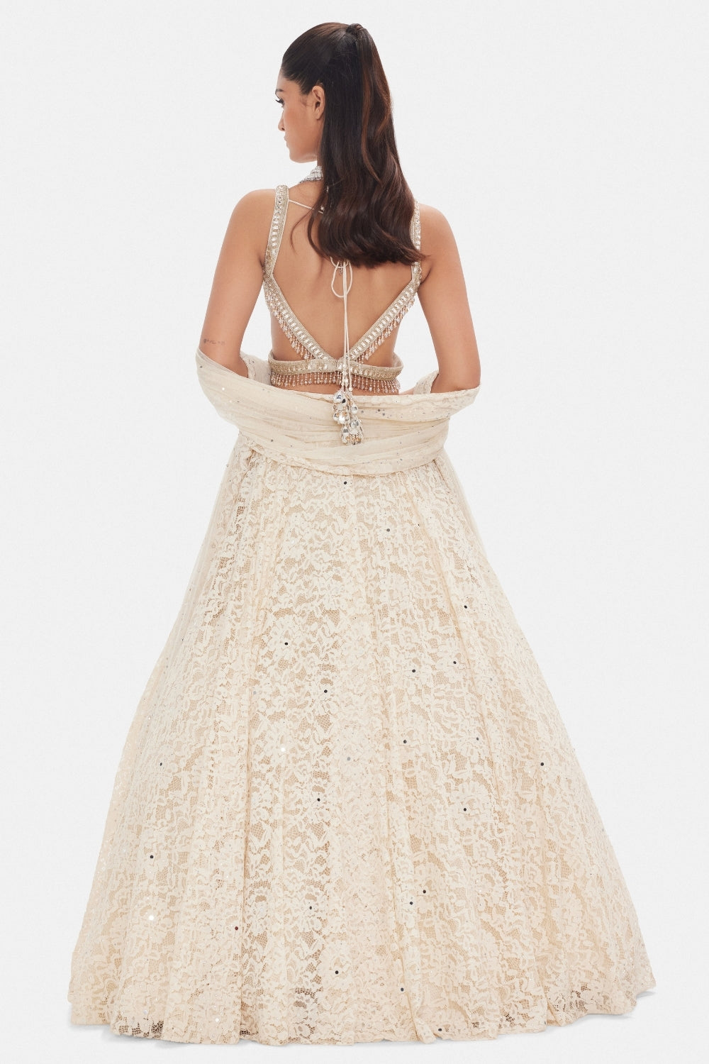 Ivory Net Lehenga Set with Sequins and Moti Work