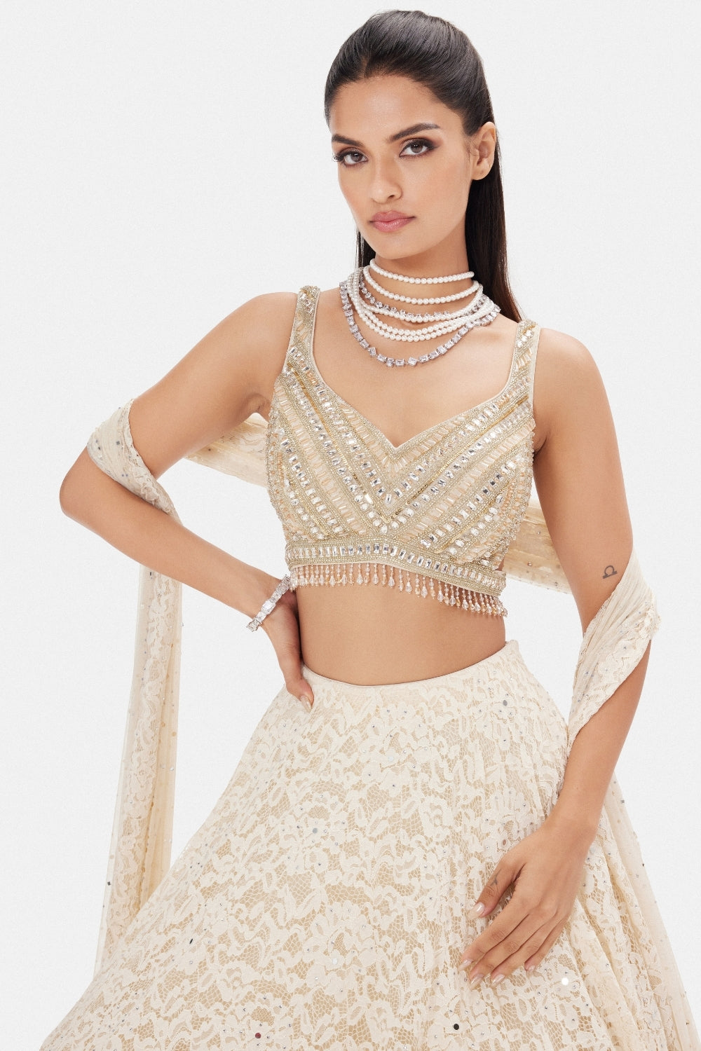 Ivory Net Lehenga Set with Sequins and Moti Work