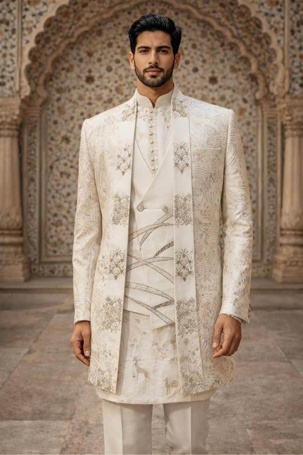 Ivory Silk Indo Western with Mirror and Cutdana Work