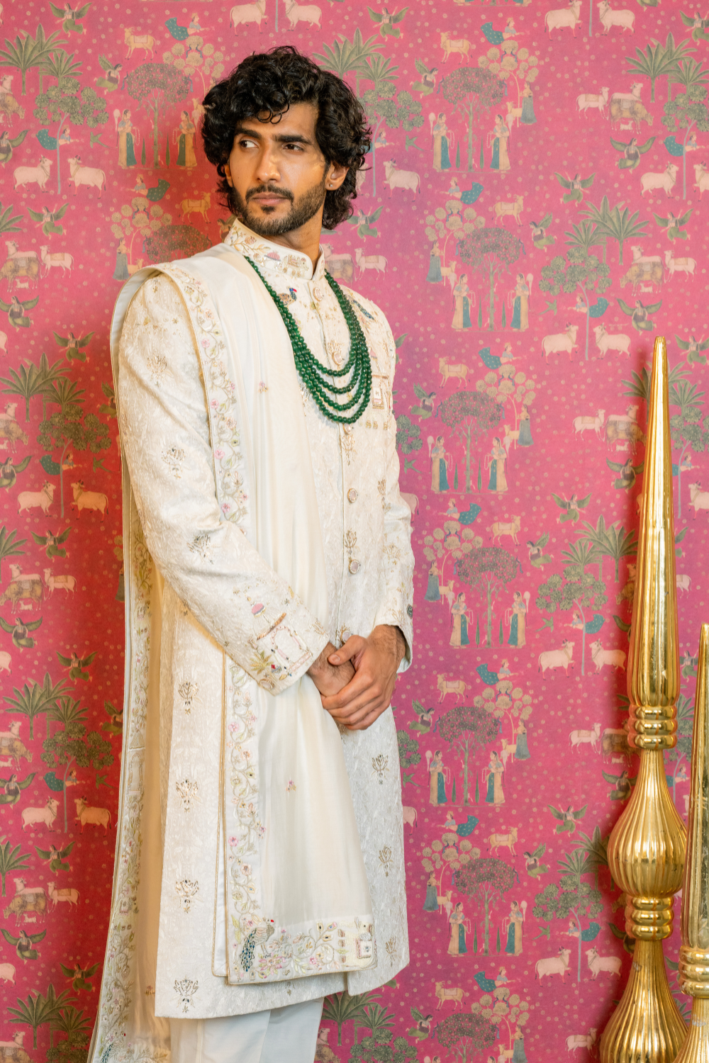 Ivory Silk Jacquard Sherwani with Resham and Zardosi Work