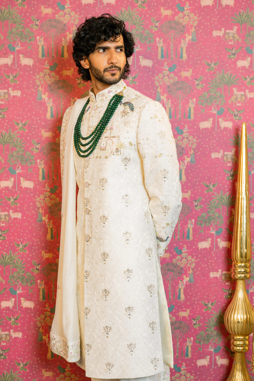 Ivory Silk Jacquard Sherwani with Resham and Zardosi Work