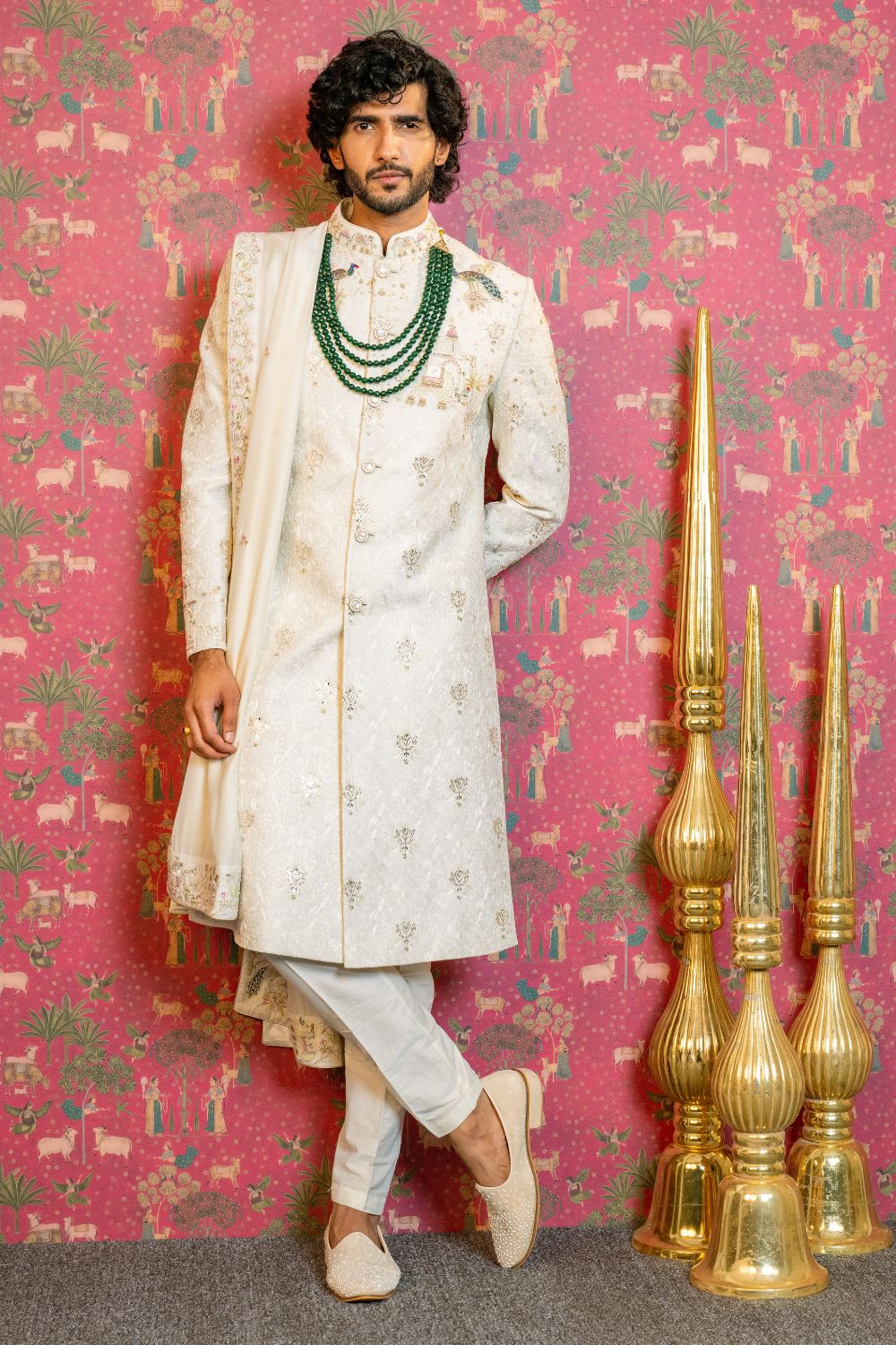 Ivory Silk Jacquard Sherwani with Resham and Zardosi Work