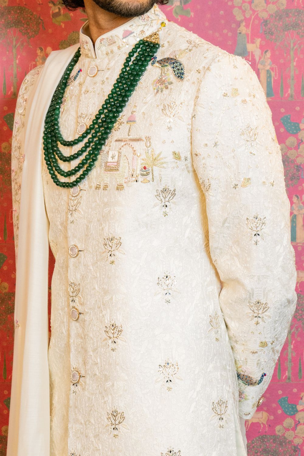 Ivory Silk Jacquard Sherwani with Resham and Zardosi Work