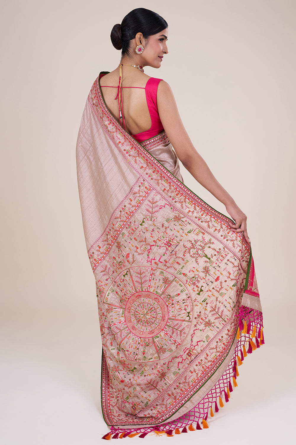 Pale brown embroidered raw silk saree