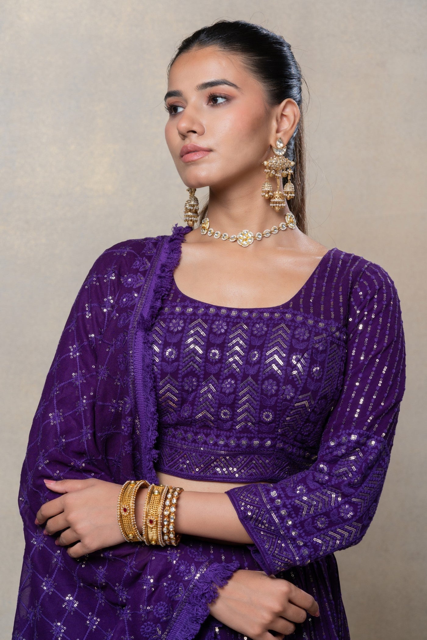 Indigo purple sequinned georgette silk lehenga choli