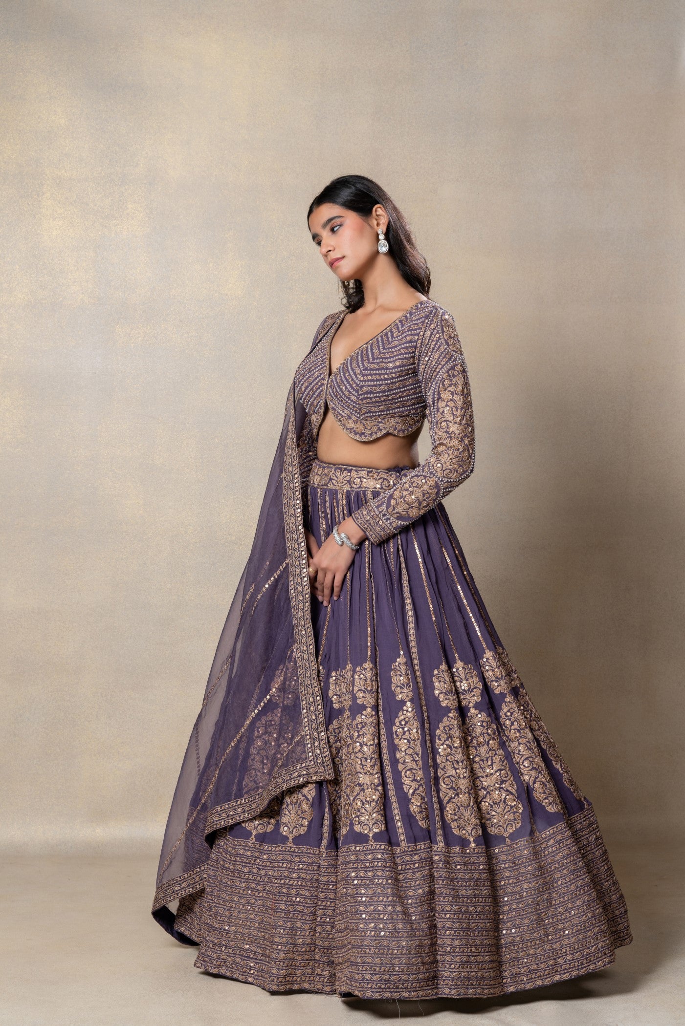 Iris purple heavily embellished georgette organza lehenga set