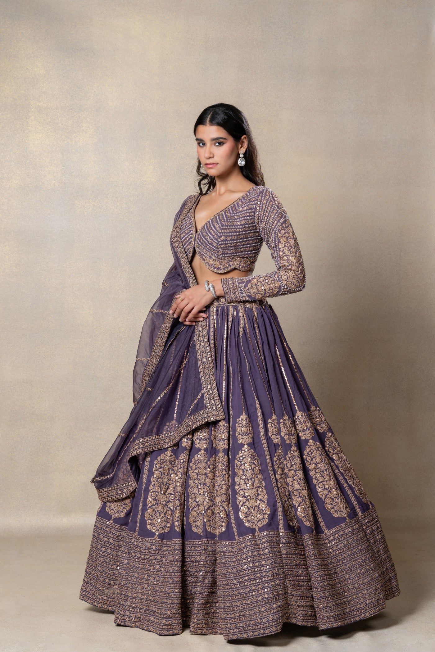 Iris purple heavily embellished georgette organza lehenga set