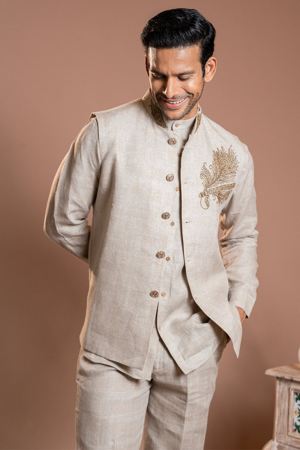 Khaki Linen Koti Set with Moti and Zardosi Work
