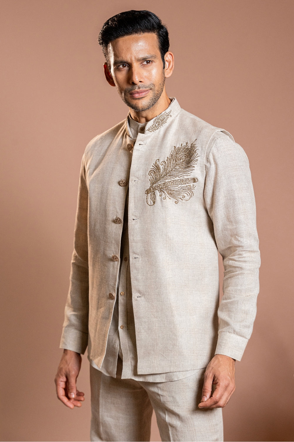 Khaki Linen Koti Set with Moti and Zardosi Work