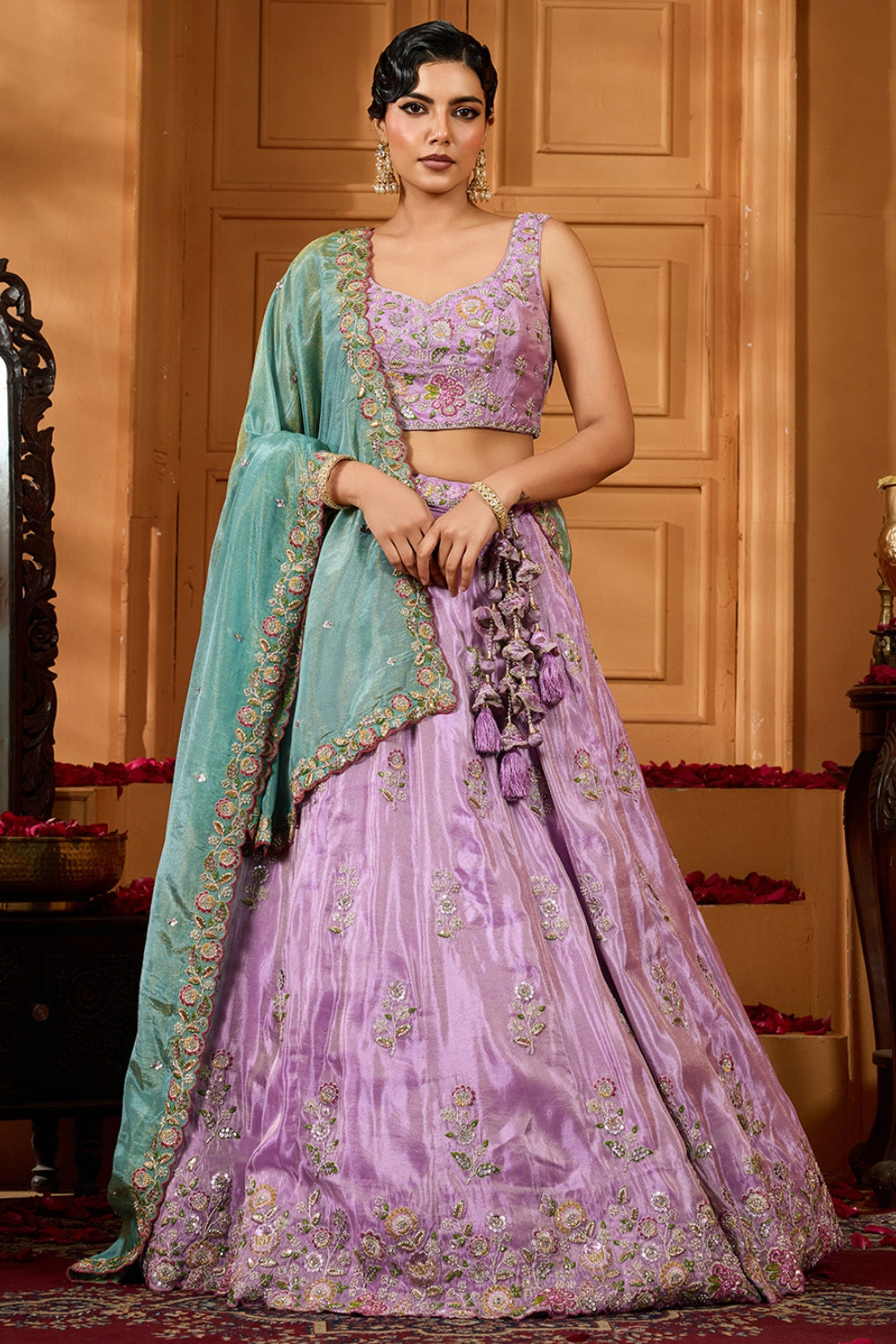 LAVNDER SATIN SILK LEHENGA CHOLI WITH MOTI AND SEQUINS