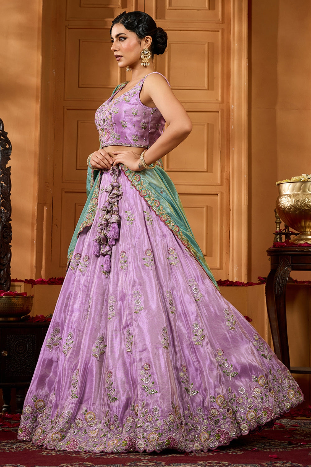 LAVNDER SATIN SILK LEHENGA CHOLI WITH MOTI AND SEQUINS