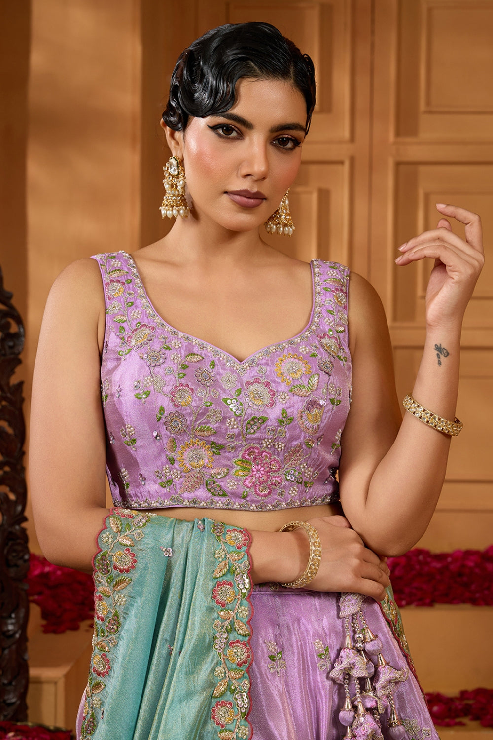 LAVNDER SATIN SILK LEHENGA CHOLI WITH MOTI AND SEQUINS