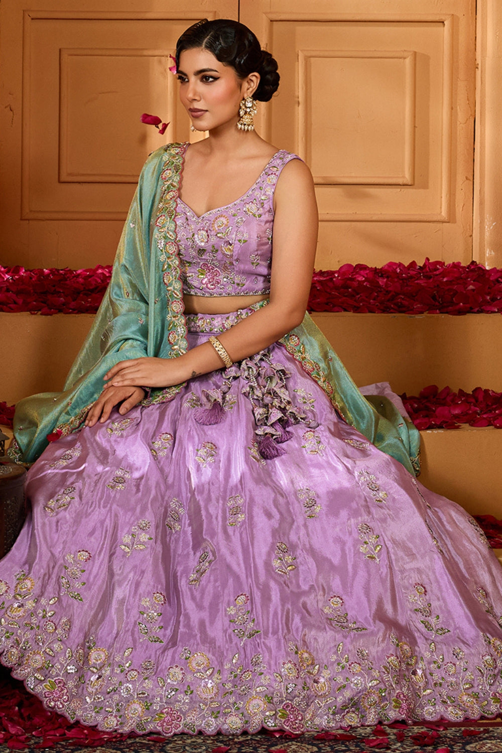LAVNDER SATIN SILK LEHENGA CHOLI WITH MOTI AND SEQUINS